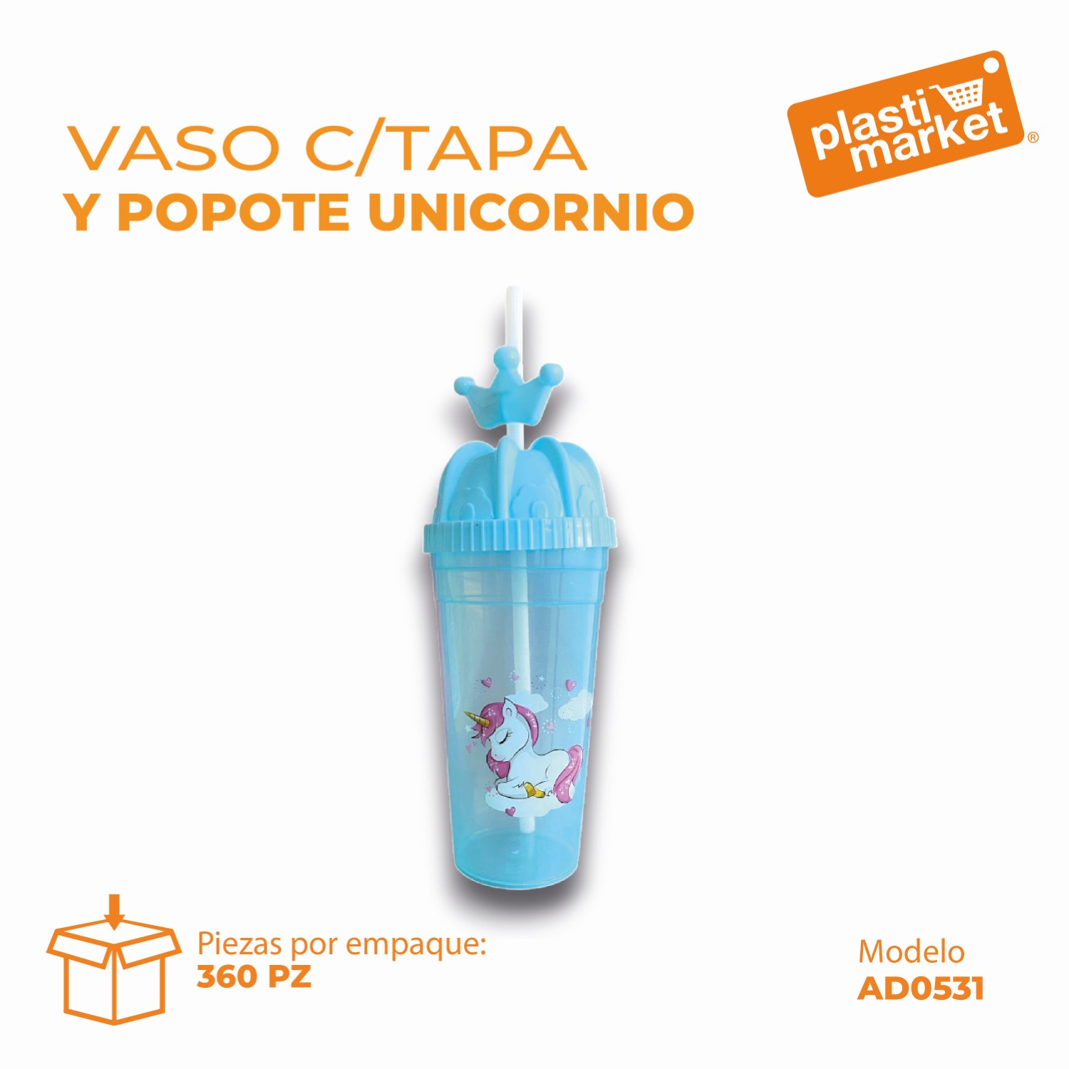 AD-0531 VASO C/TAPA Y POPOTE UNICORNIO "OFERTA"