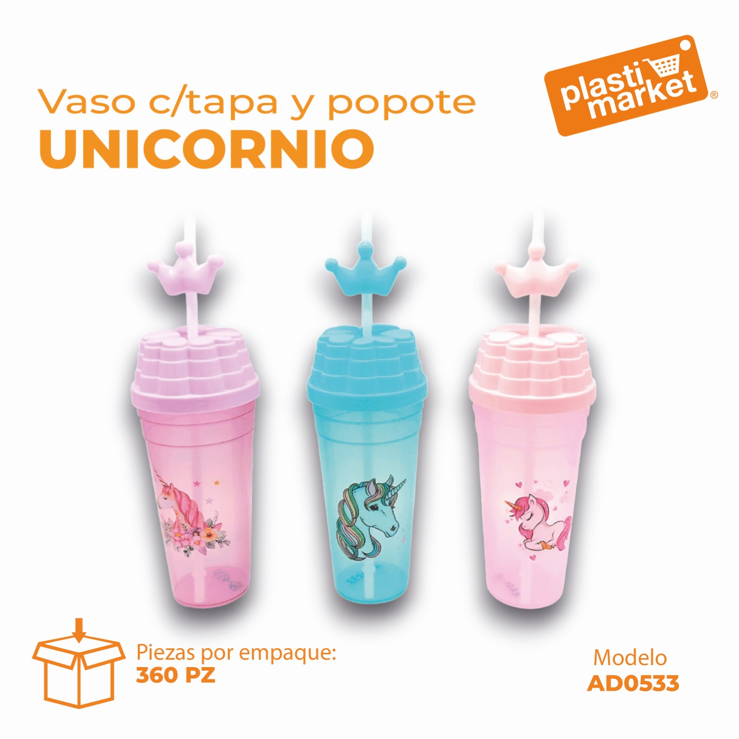 AD-0533 VASO C/TAPA Y POPOTE UNICORNIO