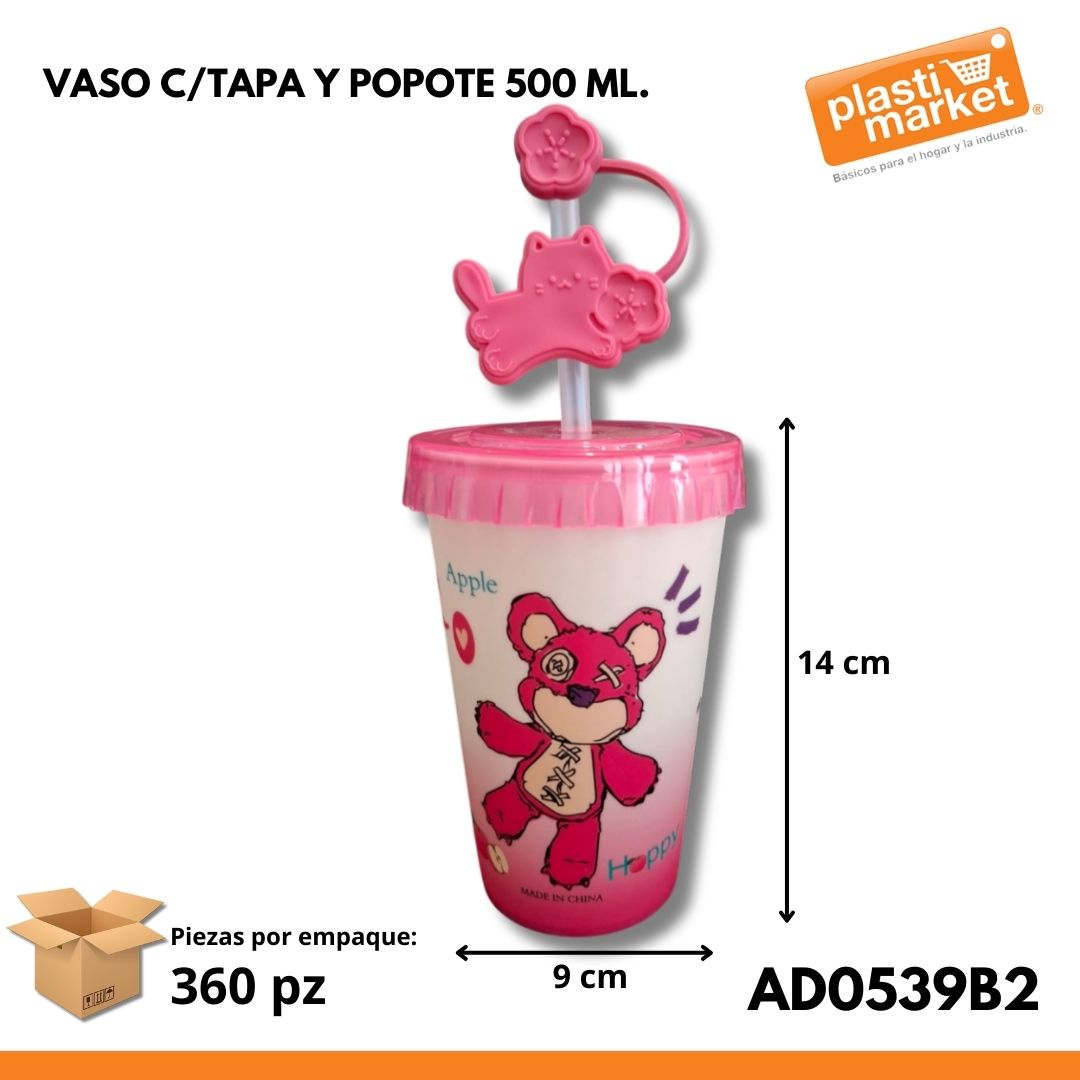 AD-0539B-2  VASO C/TAPA Y POPOTE 500 ML.