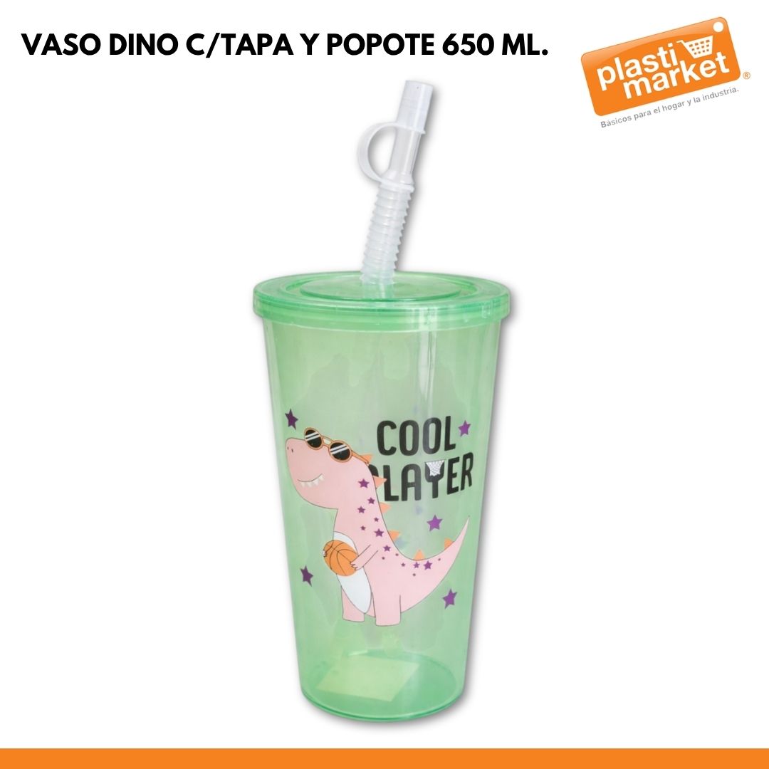 AD-0556A-3 VASO DINO  C/TAPA Y POPOTE 650 ML.