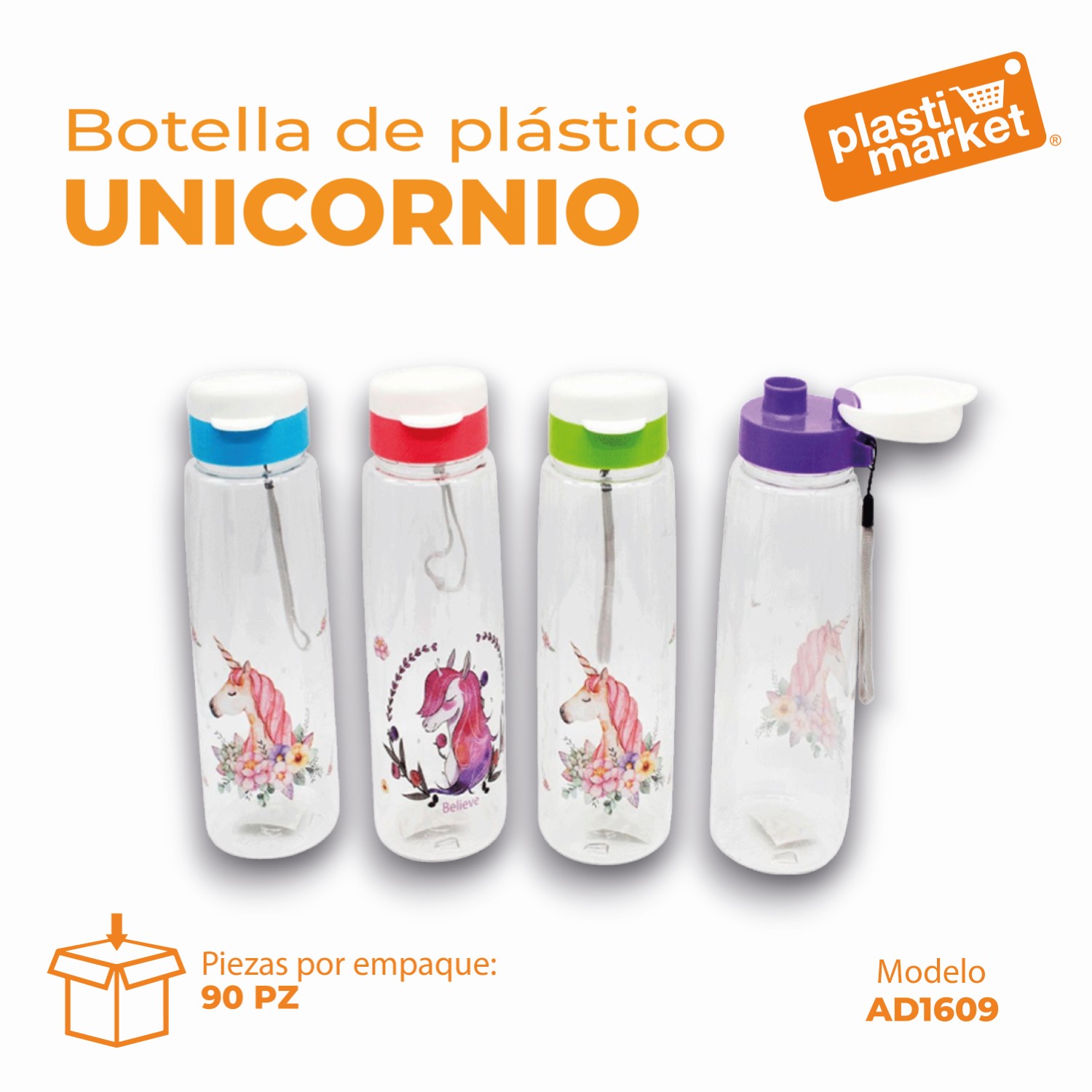 AD-1609 BOTELLA DE PLASTICO UNICORNIO