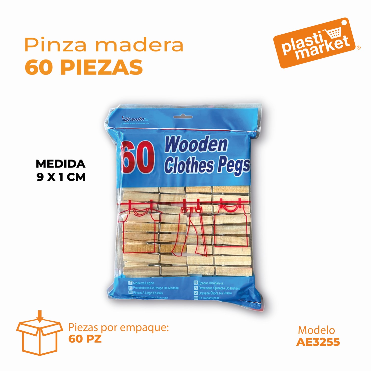 AE-3255 PINZA MADERA 60 PZ.