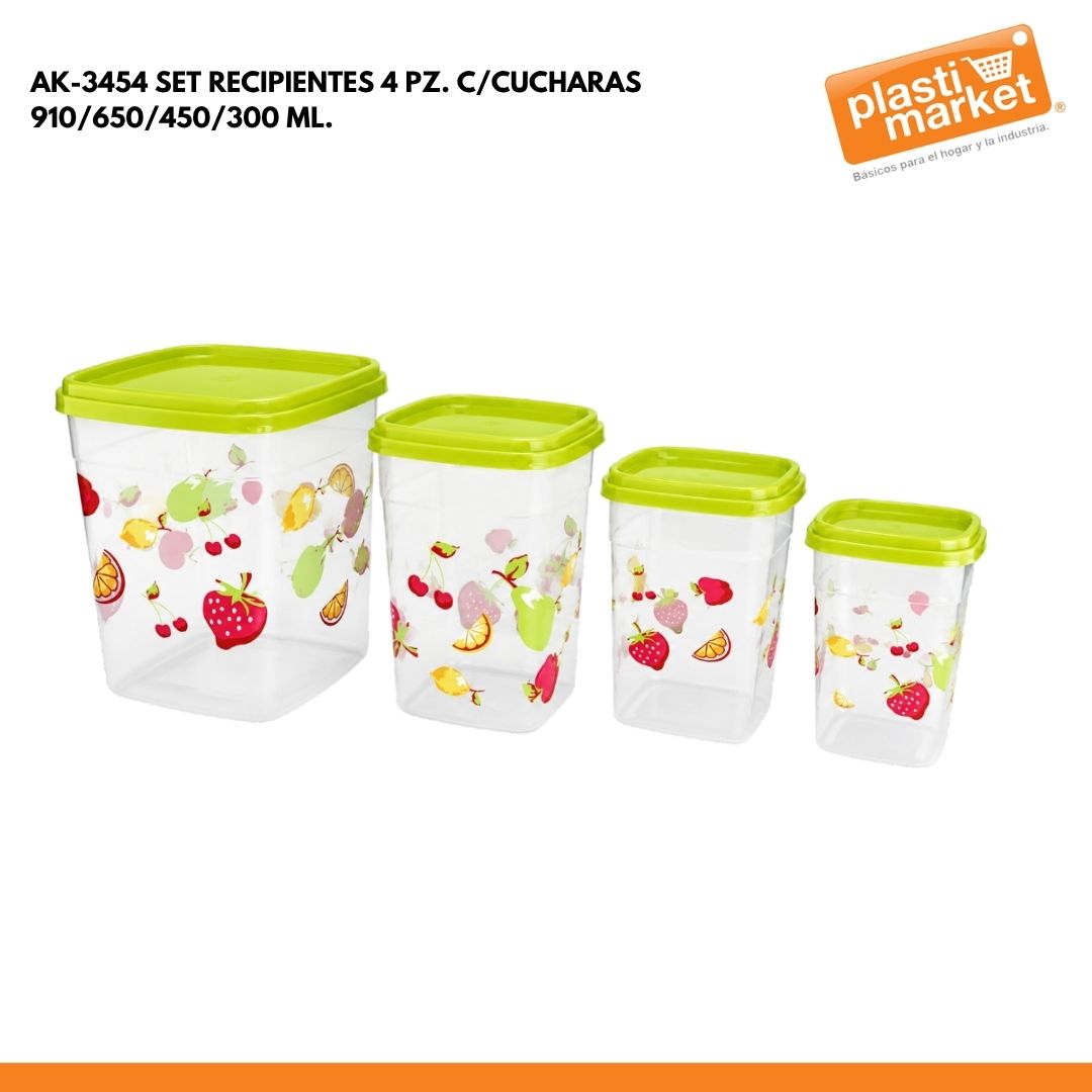 AK-3454 SET RECIPIENTES 4 PZ. C/CUCHARAS 910/650/450/300 ML.