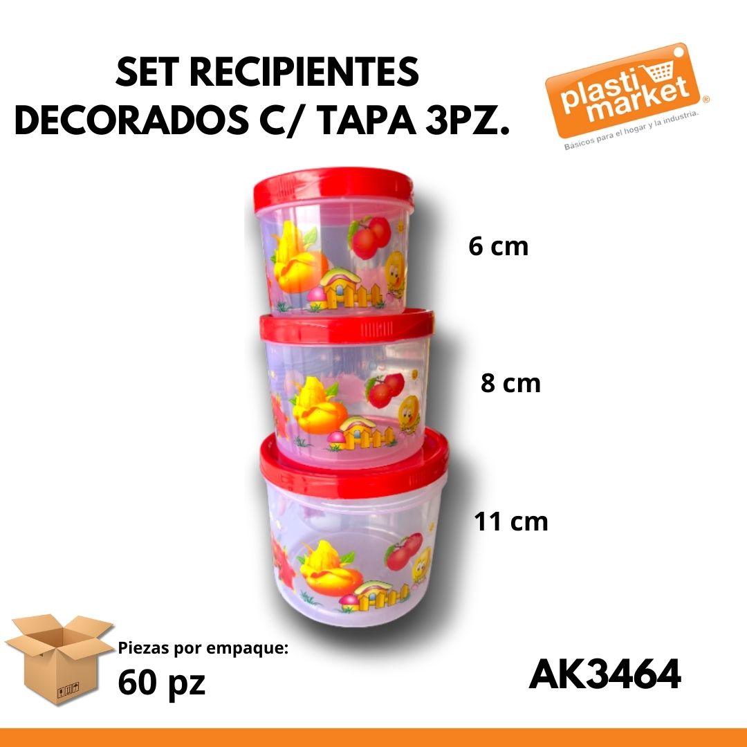AK-3464 SET RECIPIENTES DECORADOS C/TAPA 3 PZ.