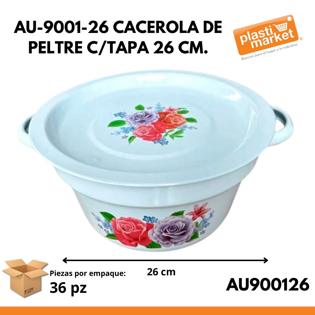 AU-9001-26 CACEROLA DE PELTRE C/TAPA 26 CM.