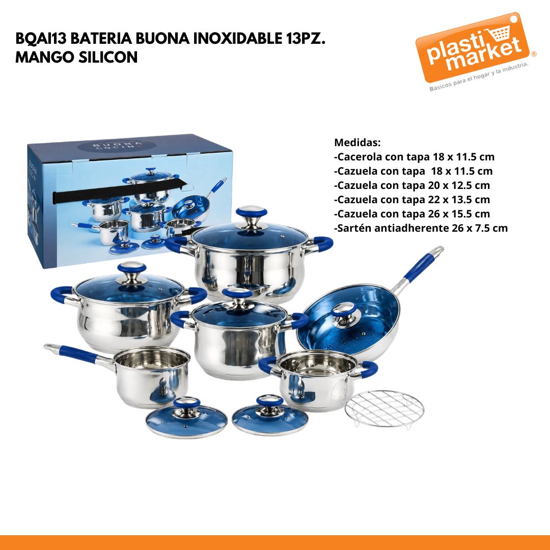 BQAI13 BATERIA BUONA INOXIDABLE 13 PZ. MANGO SILICON