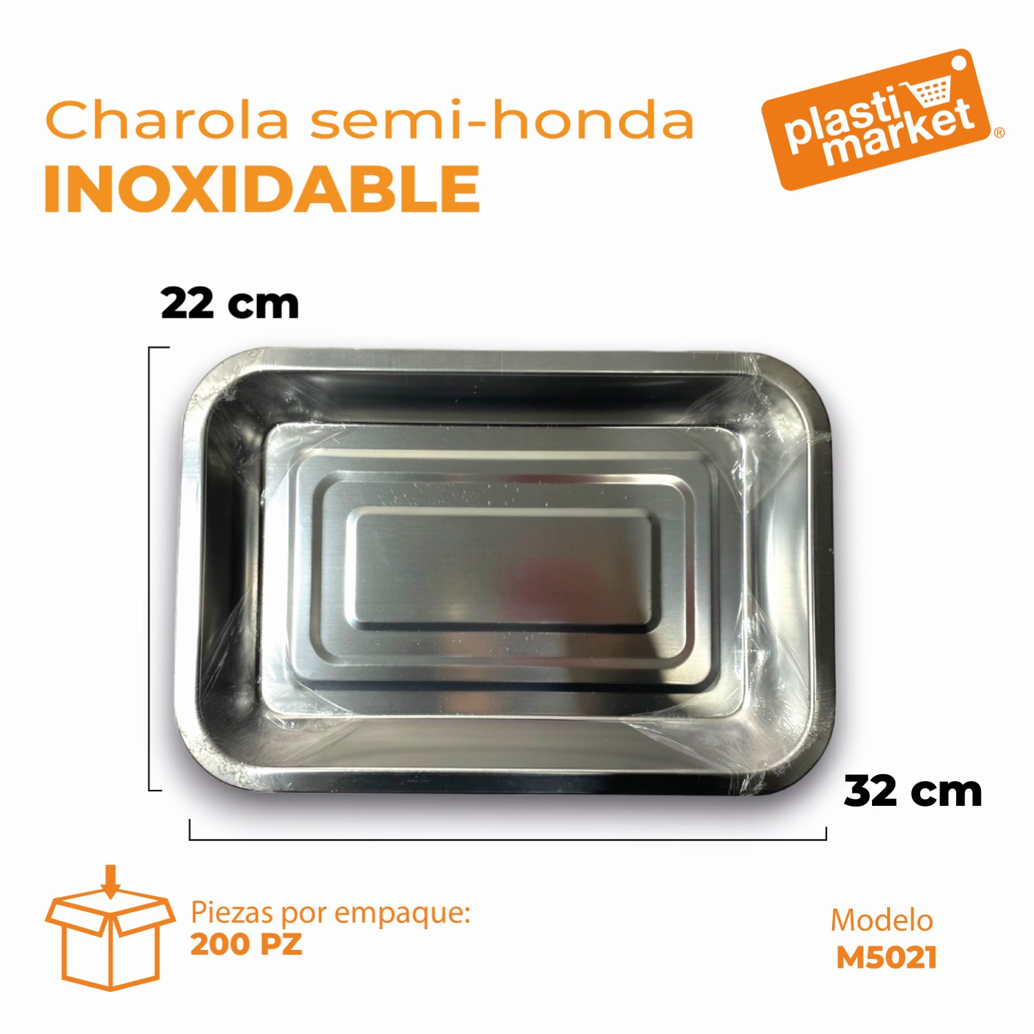 M5021 CHAROLA SEMI-HONDA INOXIDABLE 32X22 CM.