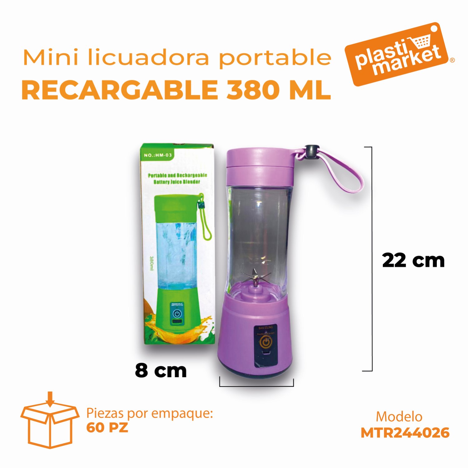 MTR244026 MINI LICUADORA PORTABLE RECARGABLE 380 ML.