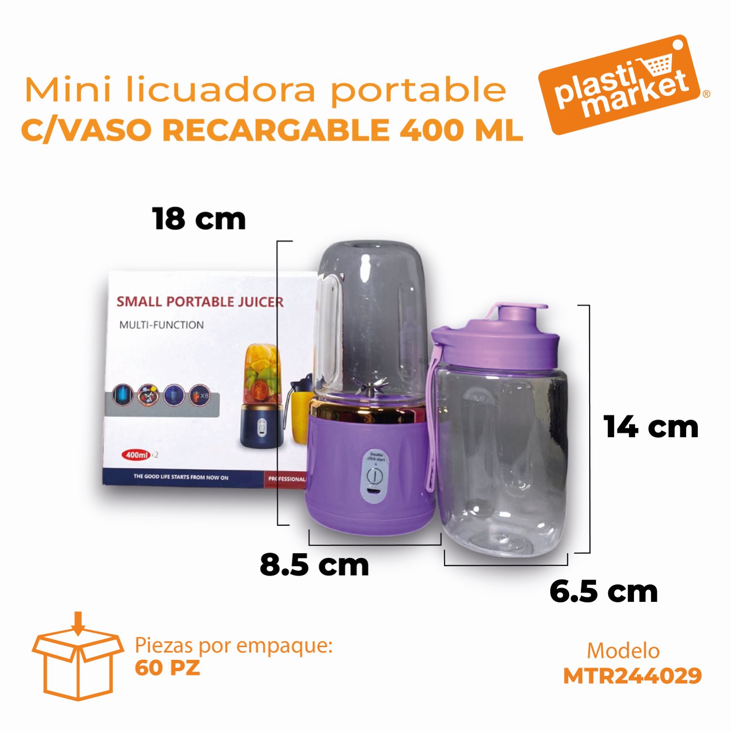 MTR244029 MINI LICUADORA PORTABLE RECARGABLEC/VASO 400 ML.