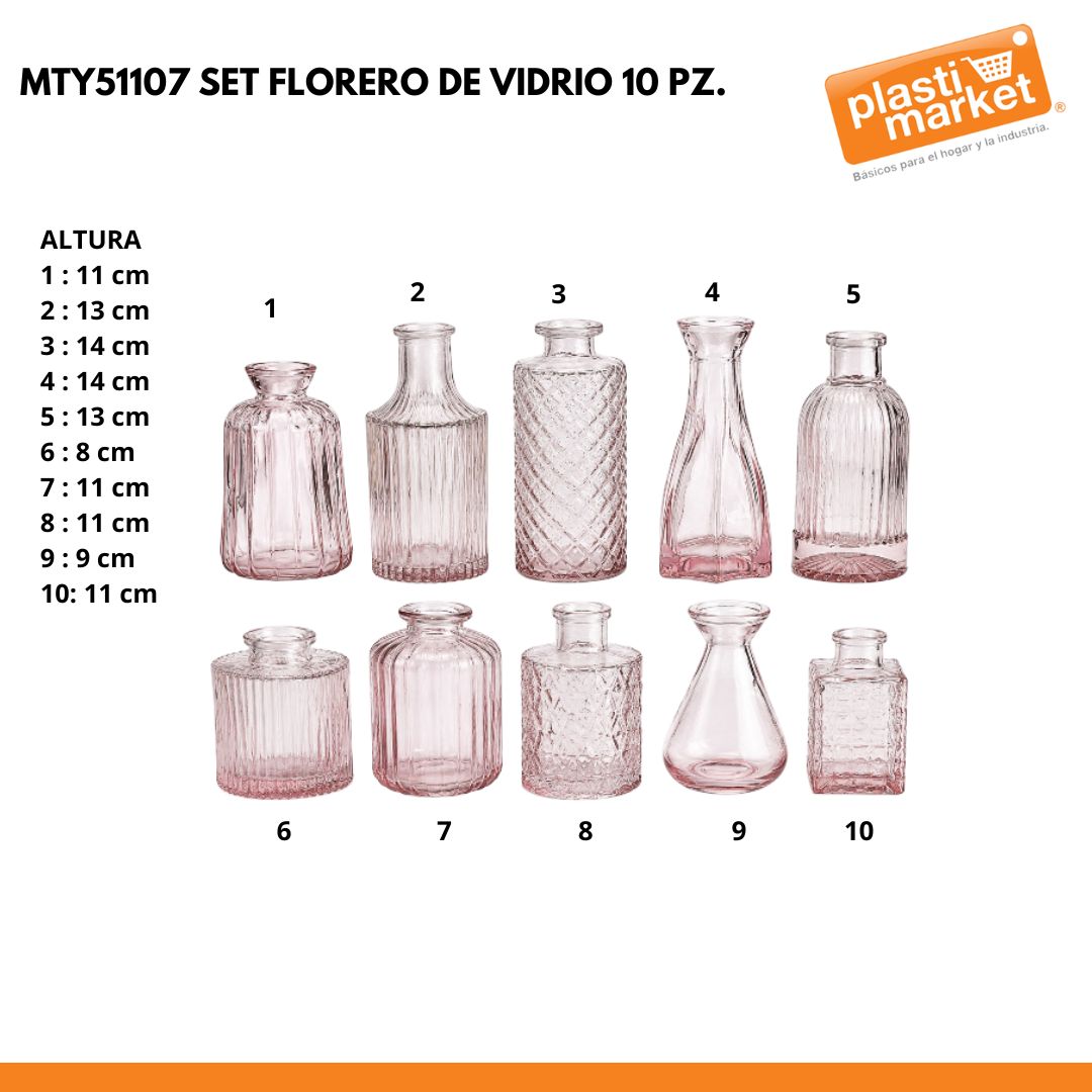 MTY51107 SET FLORERO DE VIDRIO 10 PZ.