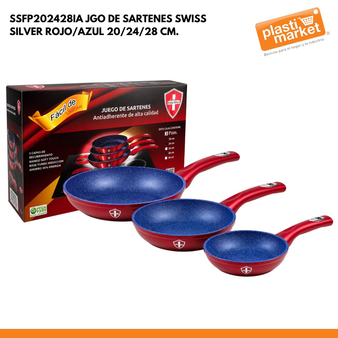 SSFP202428IA JGO DE SARTENES SWISS SILVER ROJO/AZUL 20/24/28 CM.