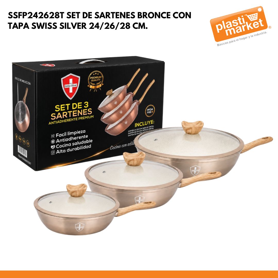 SSFP242628T SET DE SARTENES BRONCE CON TAPA SWISS SILVER 24/26/28 CM.