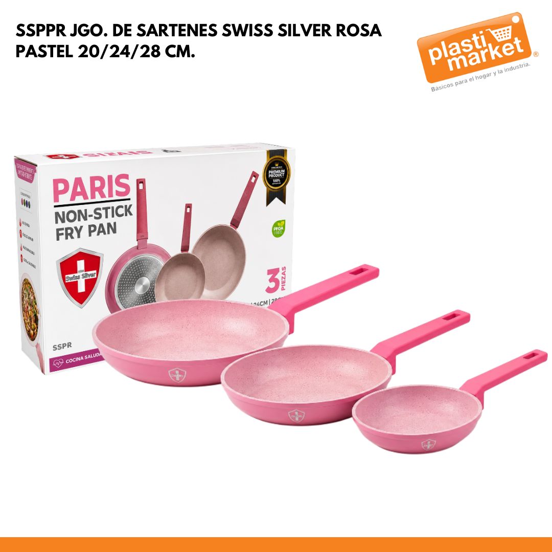 SSPPR JGO. DE SARTENES SWISS SILVER ROSA PASTEL 20/24/28 CM.