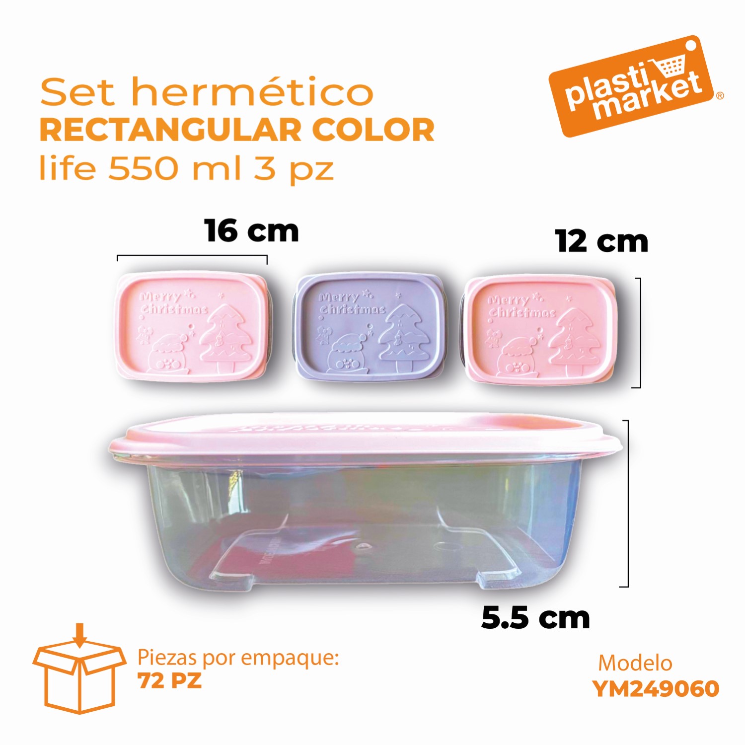 YM249060 SET HERMETICO RECTANGULAR COLOR LIFE 550 ML. 3 PZ.
