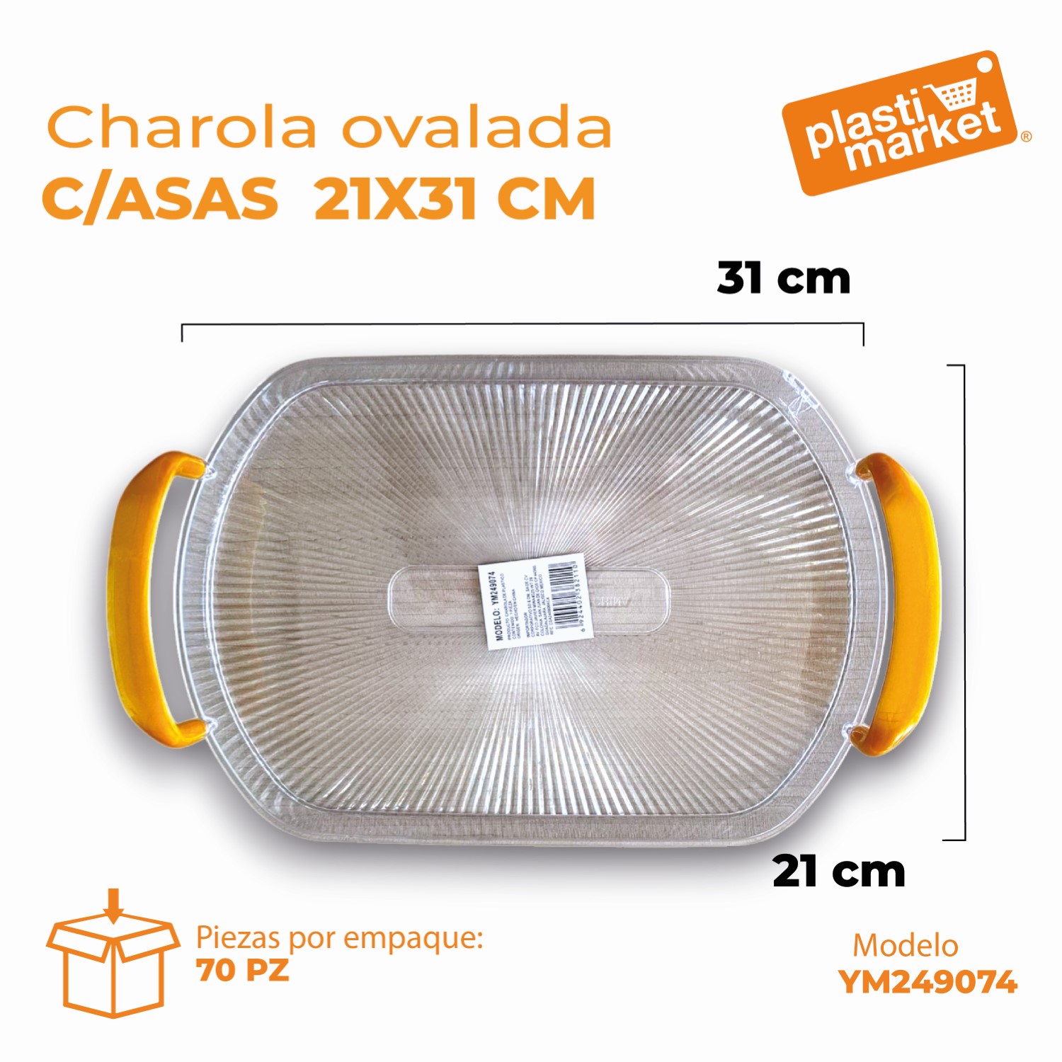 YM249074 CHAROLA OVALADA C/ASAS 21X31 CM.