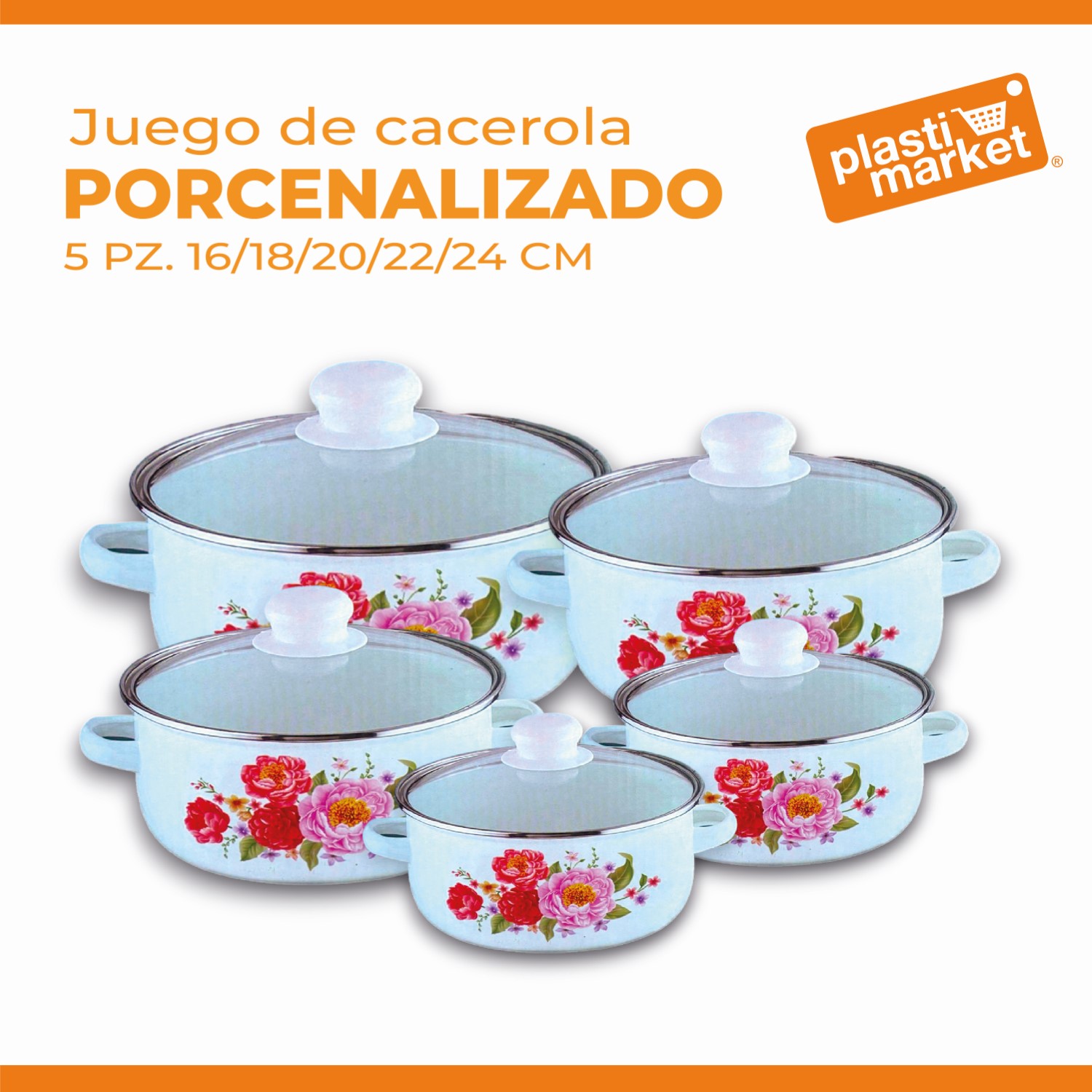 YM249166 JUEGO DE CACEROLA PORCELANIZADO 5 PZ. 16/18/20/22/24 CM.